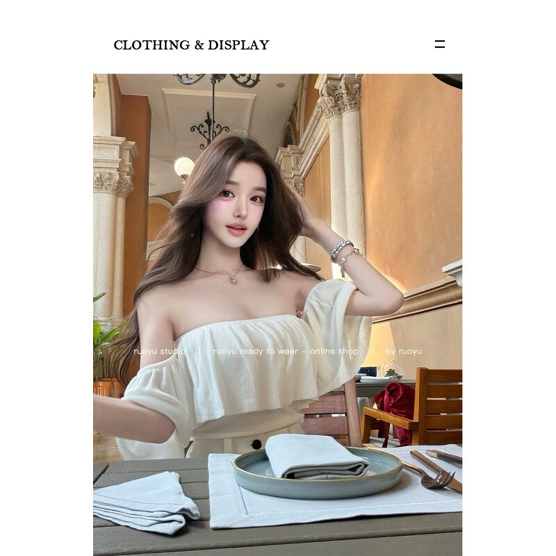 Pink Ruffled One-Shoulder Knitted T-Shirt for Women, Spring Korean Style Pure Desire Style Short Slim-Fit Tube Top Off-Shoulder Top