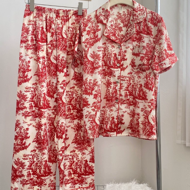 Новая пижама из ледяного шелка, Женская весенне-Летняя женская популярная в Интернете летняя красная Домашняя одежда Guofeng, костюм с длинными рукавами