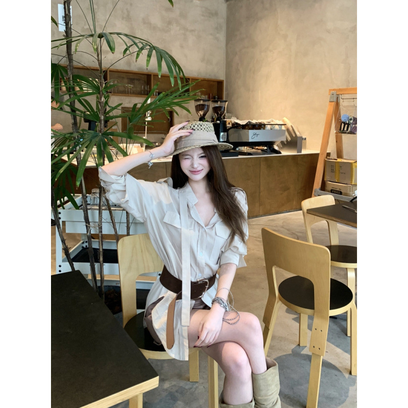 昕可达 苏黎世 卡其色苎麻姐感系带衬衣套装女高腰短裤|undefined