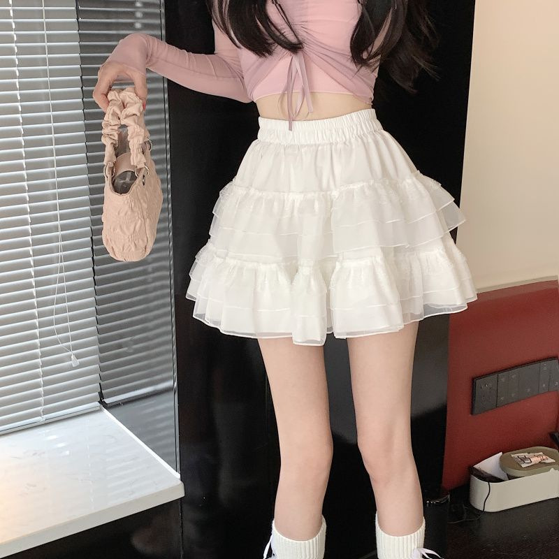 Lace Cake A-Line Skirt Summer 2025 New Ballet Style High Waist White Mesh Fluffy Skirt Women's Trend