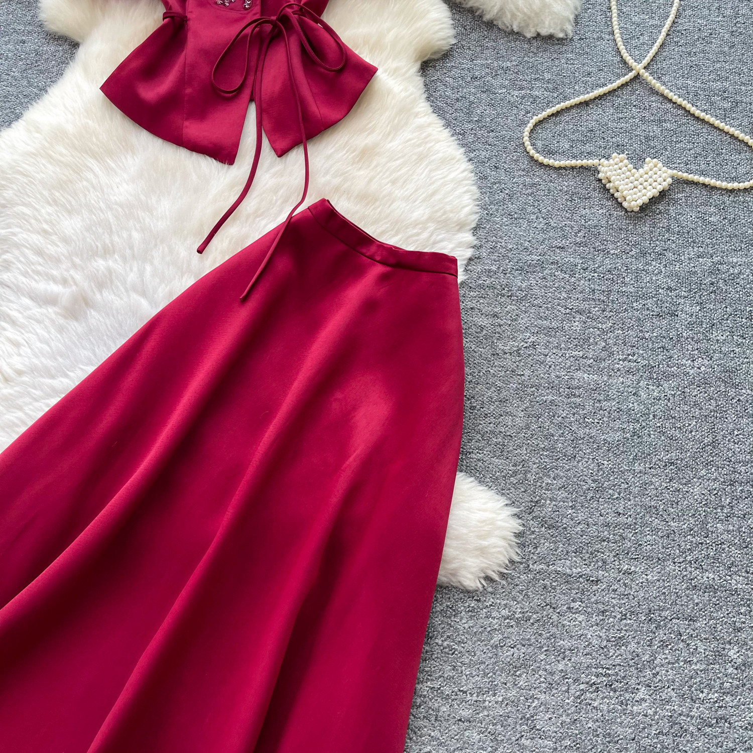 Women's Wine Red Bubble Sleeve Blouse And High-Waist Skirt Set - Elegant Office Wear Two Piece Outfit For Summer_ecoleips.com