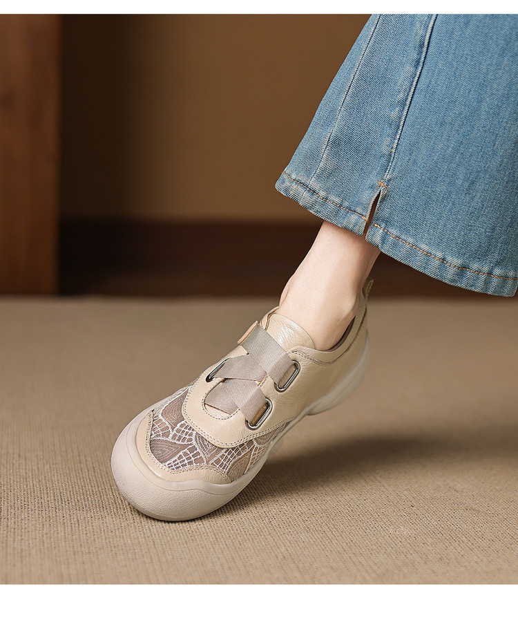 Giày sneaker nữ phối màu da thật lỗ thoáng khí đế bệt buộc dây kết hợp miếng dán — màu trắng ngà chi tiết 17