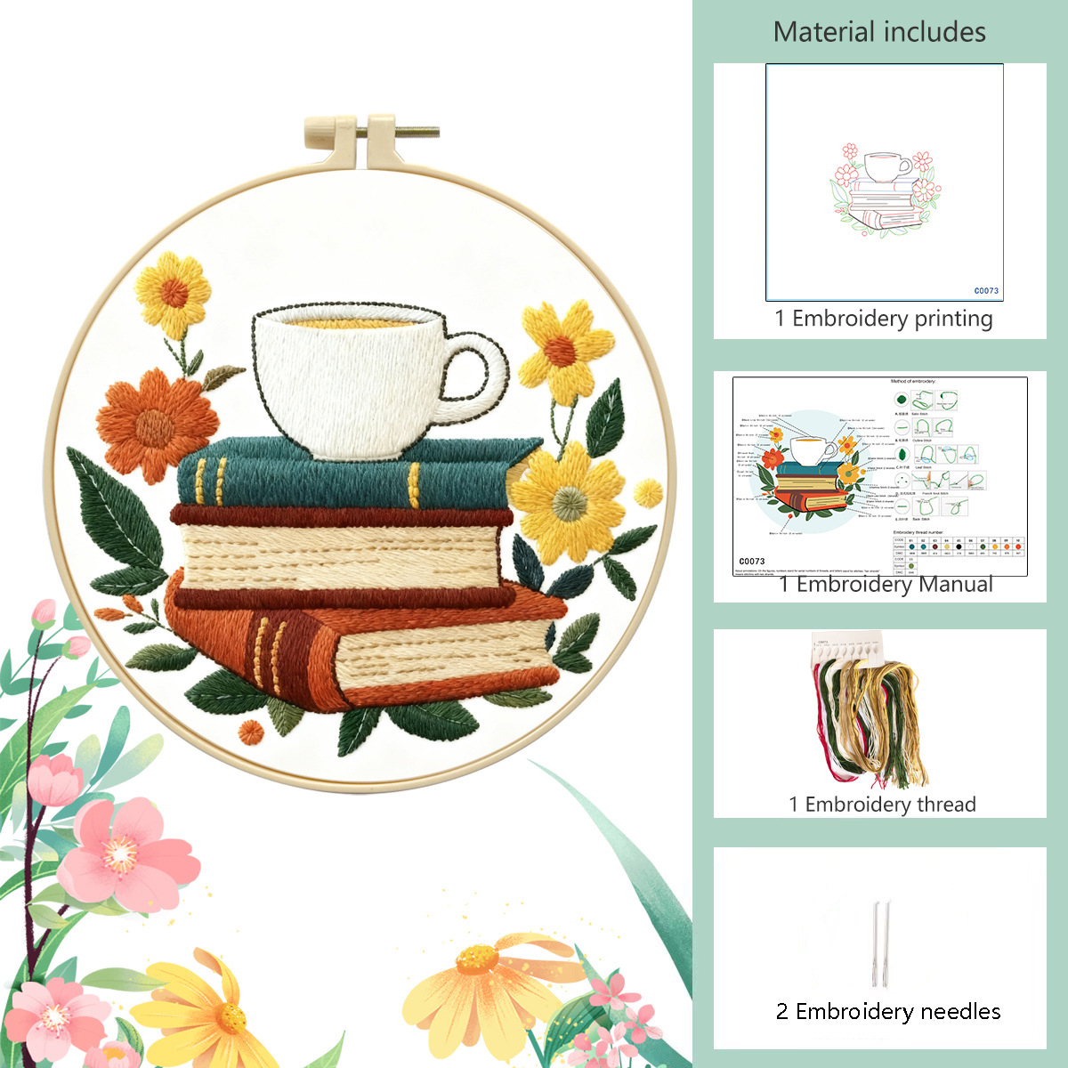 Nuevo paquete de materiales de bordado transfronterizo café con libro incienso decoración de sala de estar DIY set de bordado fábrica cabello recto