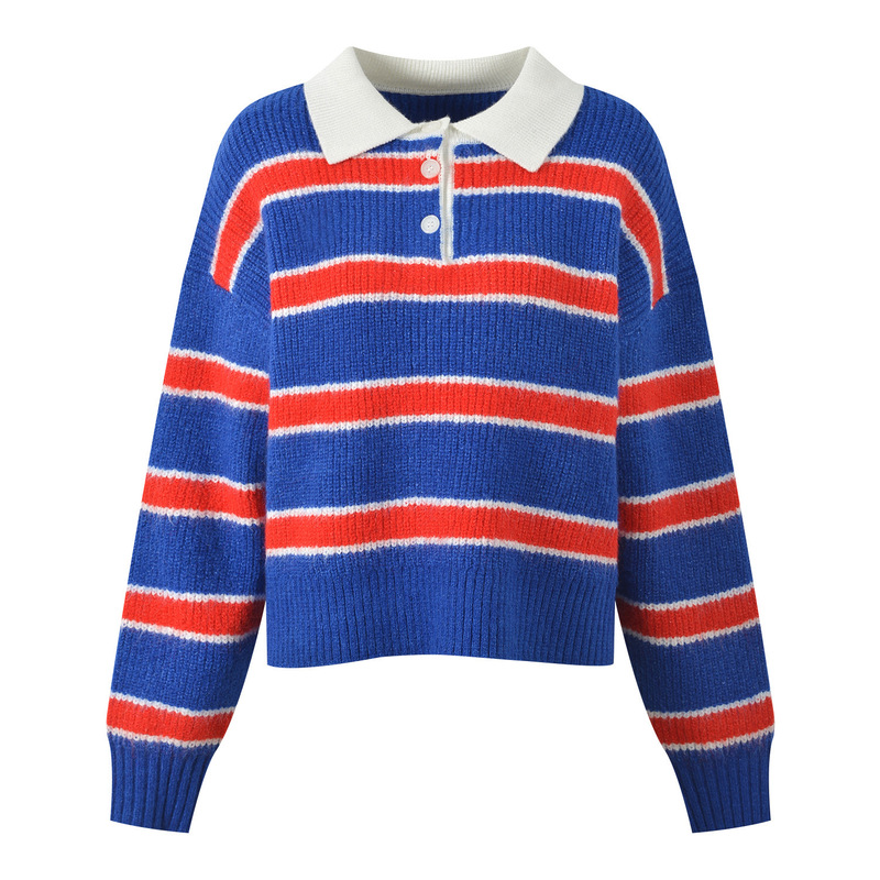 2025 Autumn and Winter New Fashion Stylish Color-Block Striped Polo Collar Soft Long-Sleeve Knit Pullover Top 2025 Autumn and Winter New Fashion Stylish Color-Block Striped Polo Collar Soft Long-Sleeve Knit Pullover Top