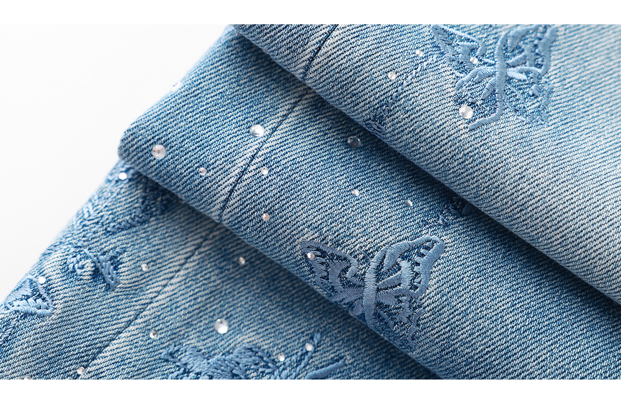 Quần jean nữ ống rộng chất liệu cotton phối lụa, thêu bướm đính kim cương — xanh lam chi tiết 33