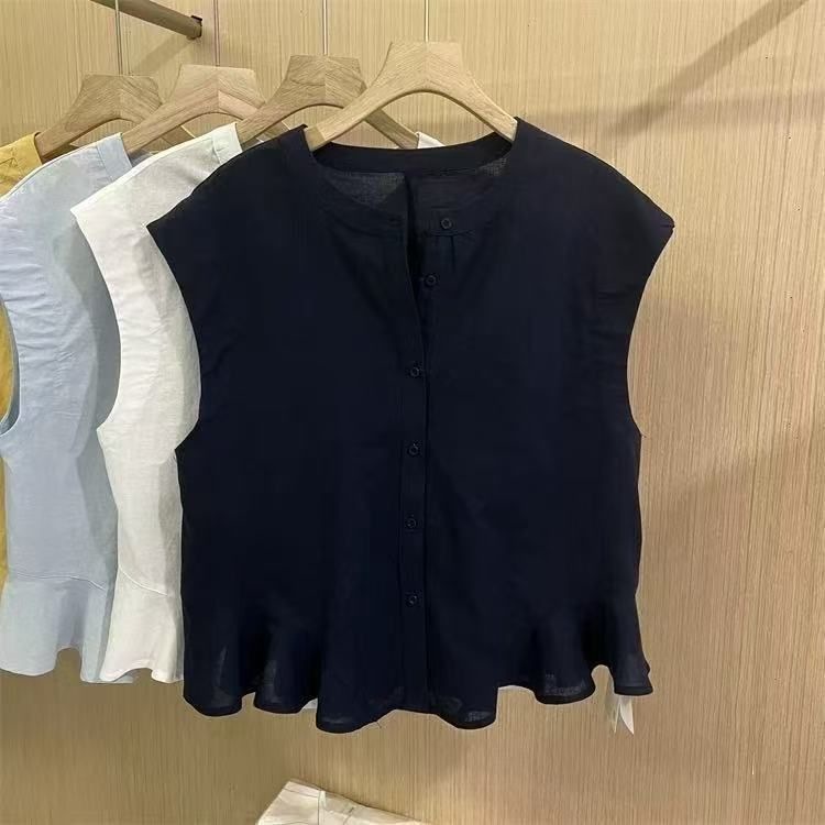 2025夏季新款T恤吊带背心棉麻无袖上衣女荷叶下摆单排扣衬衫好看|undefined