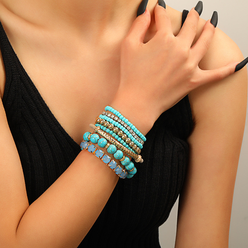 Bohemian Hot Selling Turquoise Round Bead Bracelet Set Retro Stretch Rhinestone Rice Bead Bracelet Bracelet Bracelet Bracelet