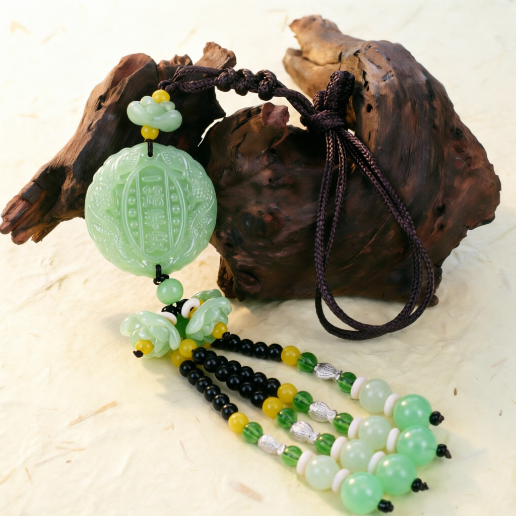 Double-Sided Light Green Jade Pendant with Safe Journey Symbol, Gourd, Pixiu, Guanyin, Maitreya Buddha, and Lotus Design for Car Decoration