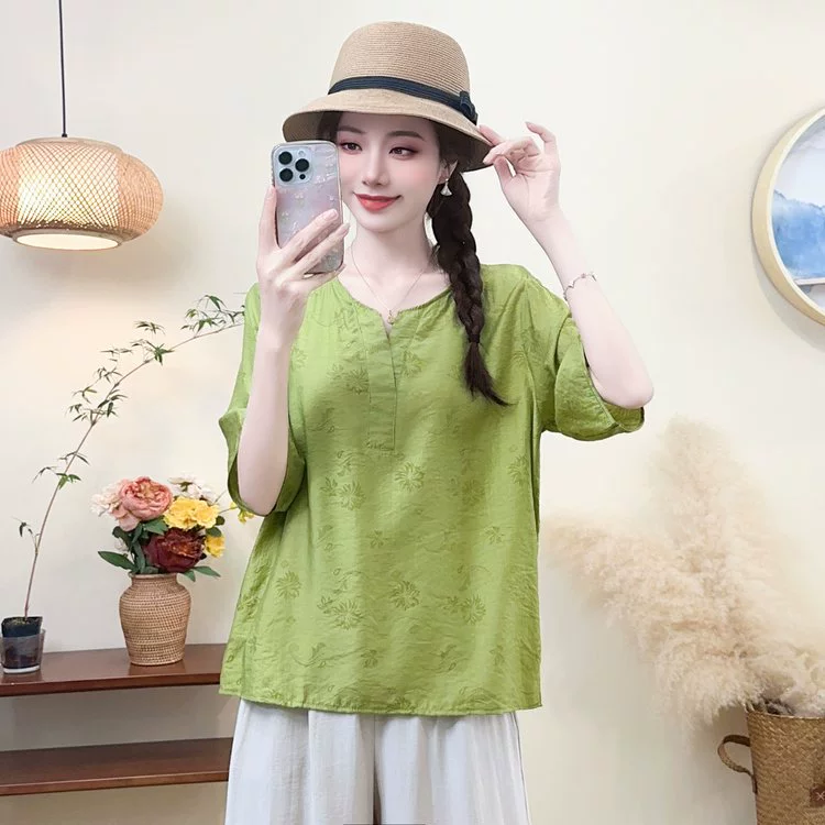 Льняная белая футболка с короткими рукавами, женский тонкий топ, летняя свободная дышащая рубашка в корейском стиле с круглым вырезом, хлопковая и льняная футболка в стиле ретро