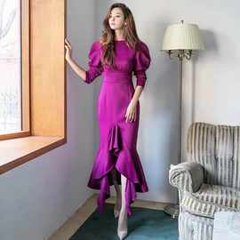 外贸跨境新款韩国同款四季时尚欧美风紫色礼服连衣裙深圳一手货