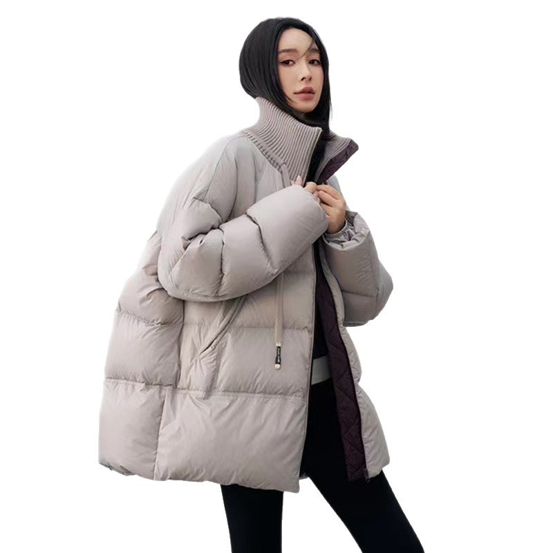 2025冬季新款韩版洋气针织立领拼接羽绒服女中长款宽松白鸭绒外套|undefined