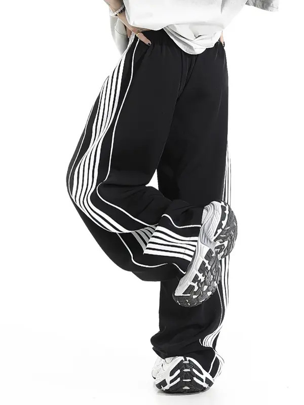 25SS【冰丝巴黎】高品质新款白侧杠刺绣宽松运动休闲裤男阔腿卫裤|undefined
