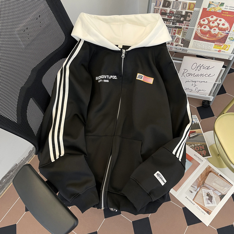 レトロなつなぎ合わせの3本のバーと帽子の衛衣の男女の新型の2024春秋のファスナーの野球服のカーディガンのジャケットのコート|undefined