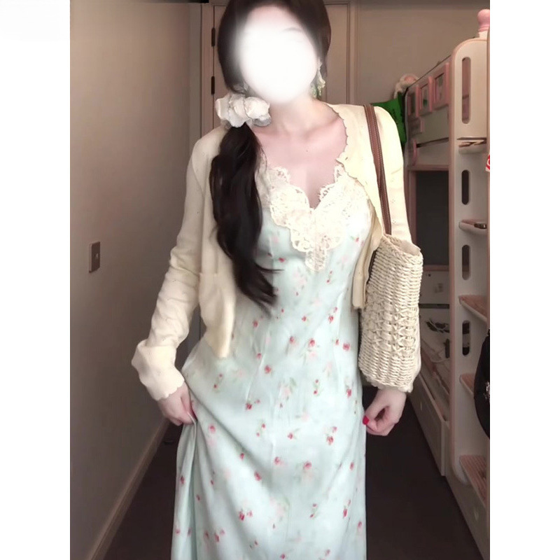胖mm温柔风碎花吊带裙大码套装女春夏搭长袖开衫蕾丝拼接收腰长裙|undefined