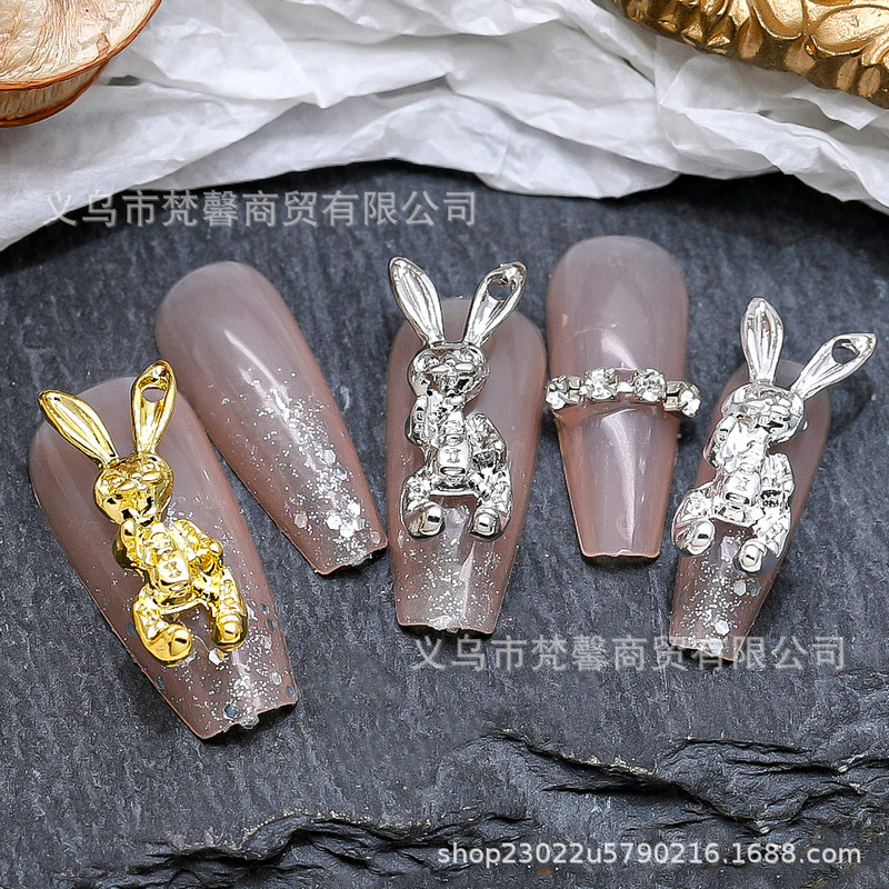 Manicure skull rabbit sweet funeral girl style metal ear hole rabbit three-dimensional texture alloy nail drill jewelry