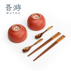T9J5 wedding bowls and chopsticks set, wedding bowls, chopsticks, dowry supplies, red bowl pair, ceramic tableware gift for 2 people