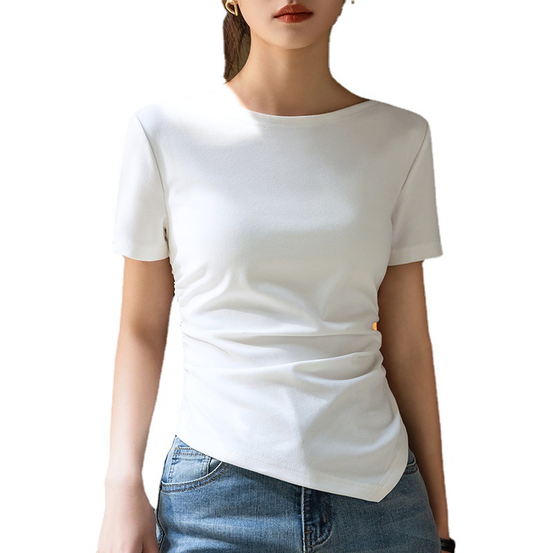 Camiseta de manga corta blanca para mujer 2023 Ropa de mujer Nueva elegante Camiseta de algodón fuera del hombro irregular dobladillo plisado superior