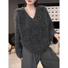 法式V领重工灰色亮片毛衣女秋冬加厚宽松慵懒风中长款针织衫上衣