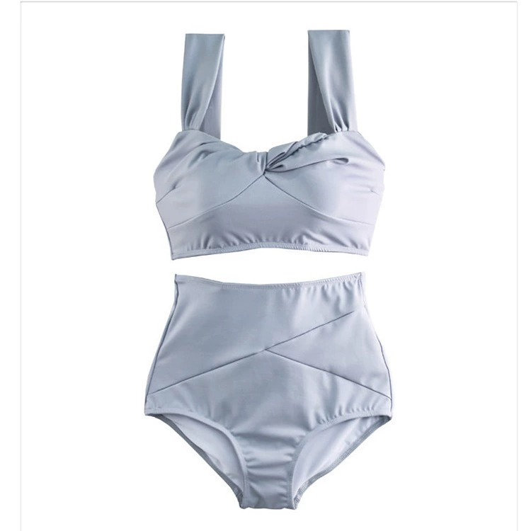 Women's high-waist swimsuit, Korean style tummy-cover split-triangle, solid color (2-piece)