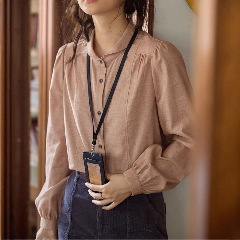 Solighter French Retro Lapel Puff Sleeve Shirt Women's Autumn and Winter Long-Sleeved Shirt
