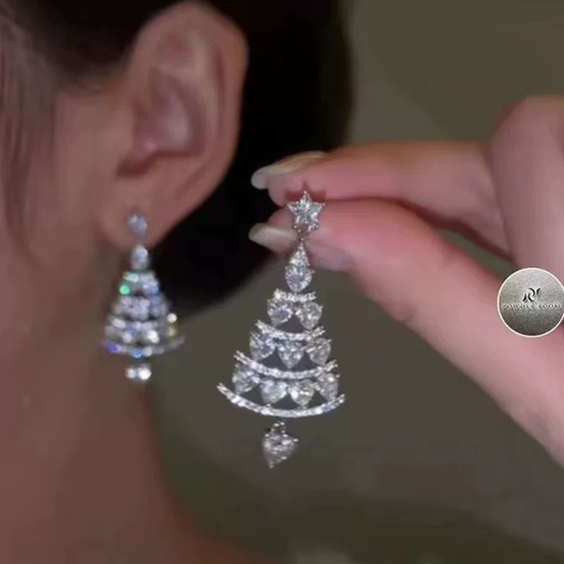 Рождественские стеклянные серьги, серебряная штифта, коллекция 2022, европейский стиль, микроинкрустация, простой и элегантный дизайн, под серебро 925