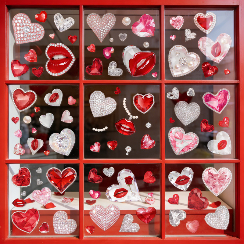 Labios rojos, piedras preciosas de amor, decoración del día de San valentín, pegatinas de puertas de vidrio electrostáticas, fiesta del festival, diseño de tiendas rosas y blancas image 1