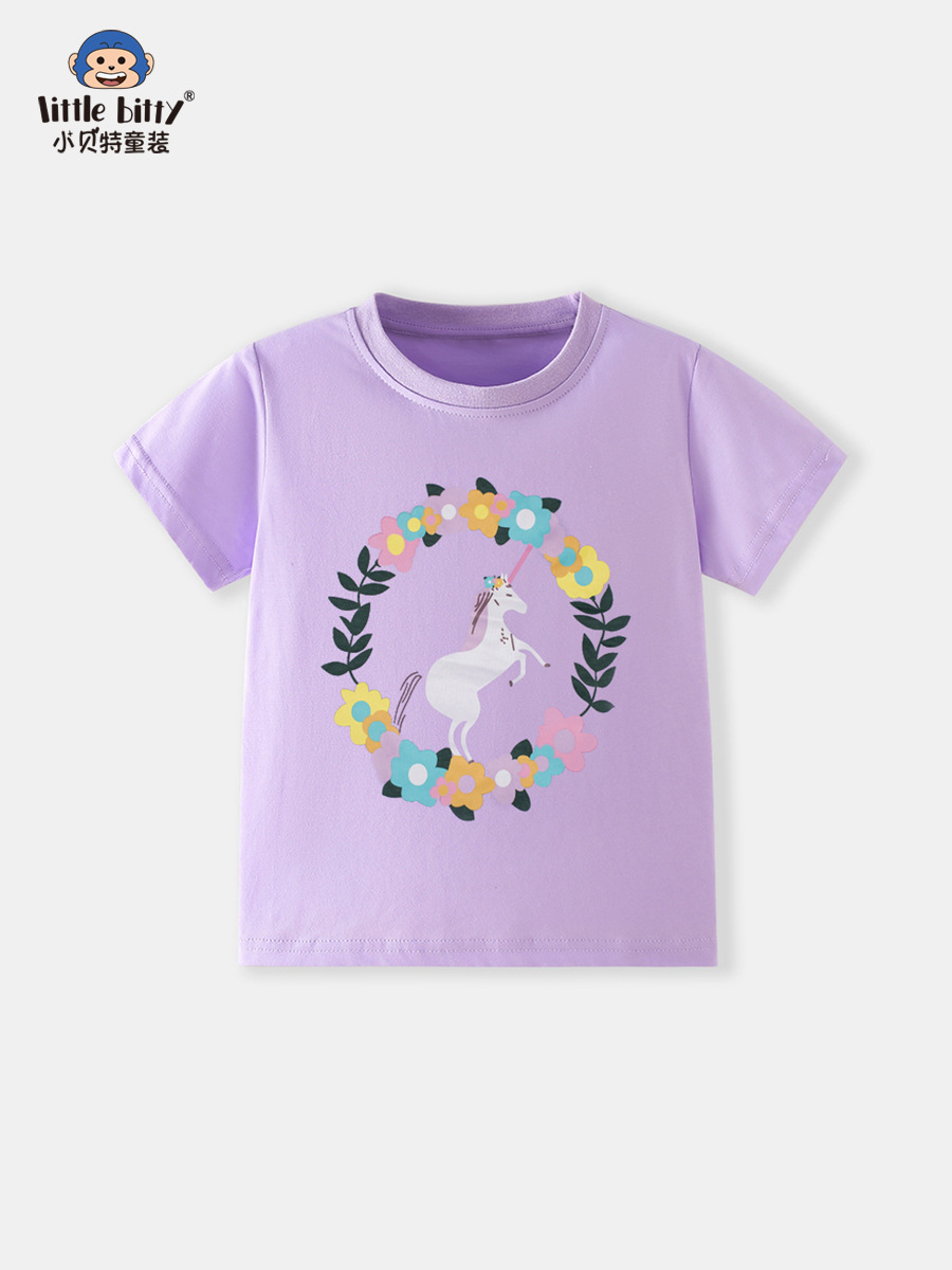 Spring and Summer Girls' Short-Sleeved T-Shirts with Cartoon Unicorn Print Patterns, Cute Knitted Tops, Cross-Border Supply Wholesale