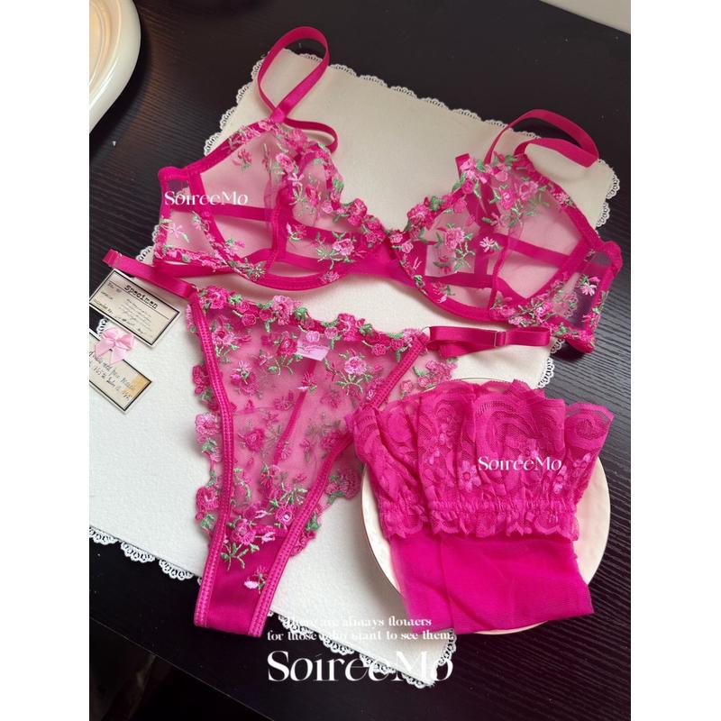 Verano super hermoso bordado dulce sexy malla sujetador conjunto de flores frescas de la niña pura ropa interior de la mujer