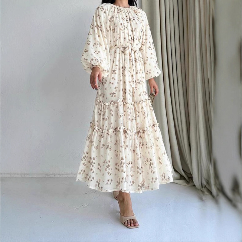 Cross-Border Puff-Sleeved Floral Mid-Length Dress, Women's Loose-Fitting, Flesh-Covering, Multi-Layered Tie-Up Dress Cross-Border Puff-Sleeved Floral Mid-Length Dress, Women's Loose-Fitting, Flesh-Covering, Multi-Layered Tie-Up Dress