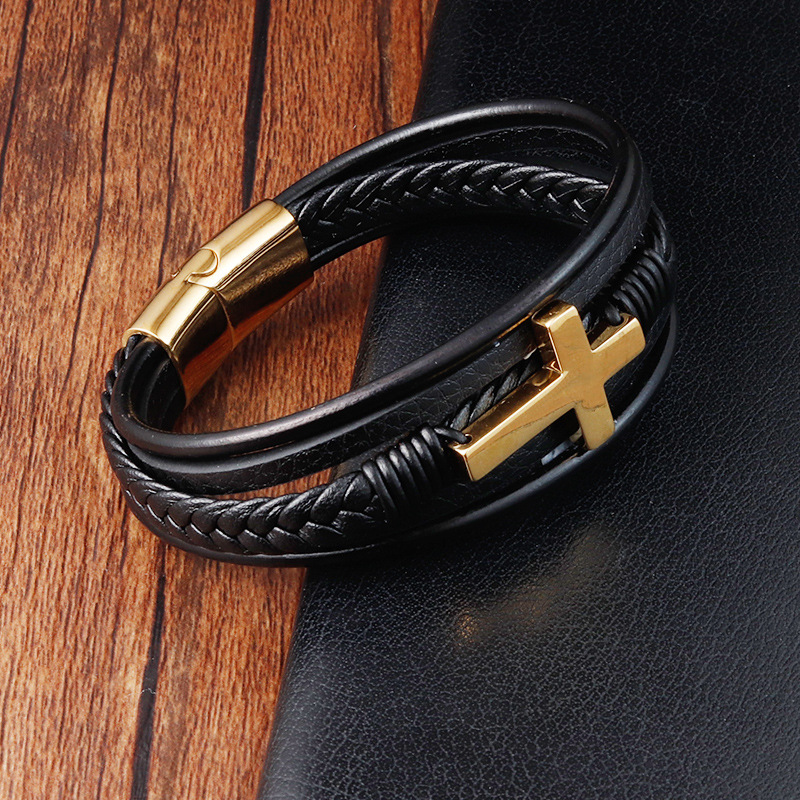 30g Weight Bracelets Classification Leather Chain Material 1 Piece Quantity Daily Occasion Leather, Titanium Steel Material Cross Pattern Men's Gender Layered, Polishing Design Retro, Ethnic Style Style Retro Ethnic Style Cross Leather Titanium Steel Layered Polishing Men's Bracelets Men Cord & Leather Bracelets 9