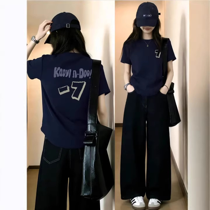 Navy Blue Regular Shoulder Plus-Size Short-Sleeve T-Shirt for Women, Summer 2026 Hot Style, Trendy Top with Front and Back Print Design for Plus-Size Women Navy Blue Regular Shoulder Plus-Size Short-Sleeve T-Shirt for Women, Summer 2026 Hot Style, Trendy Top with Front and Back Print Design for Plus-Size Women