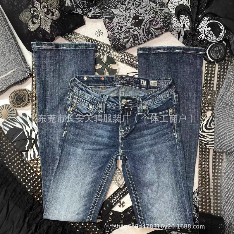 Cross-Border Foreign Trade Trendy Retro Embroidered Diamond-Encrusted Personalized Street Elastic Straight Jeans Washed Distressed Trousers