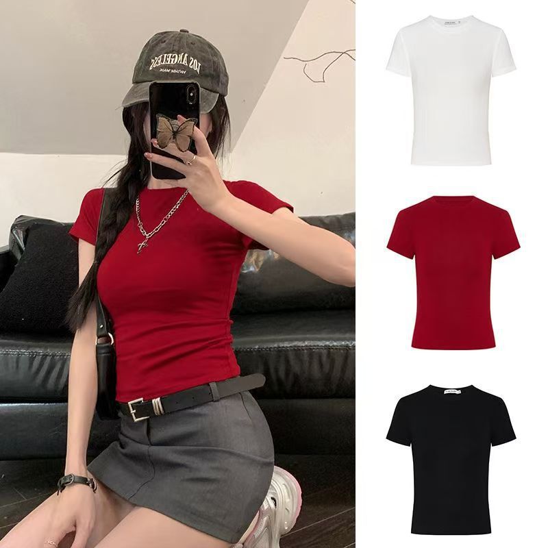 Foreign trade model GIRL American-style red short-sleeve T-shirt for women, summer, regular shoulder, slim fit, waist-flattering, solid color T-shirt manufacturer