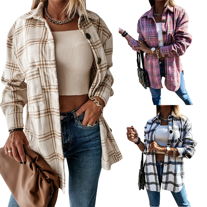 Cross-Border European and American Plaid Shirts, Foreign Trade Women's Clothing, 2026 Amazon Autumn and Winter New Style Loose Mid-Length Woolen Coat for Women Cross-Border European and American Plaid Shirts, Foreign Trade Women's Clothing, 2026 Amazon Autumn and Winter New Style Loose Mid-Length Woolen Coat for Women