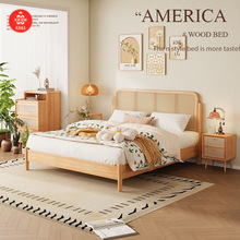 北欧复古实木藤编床双人小户型家用原木日式民宿藤床家居家具