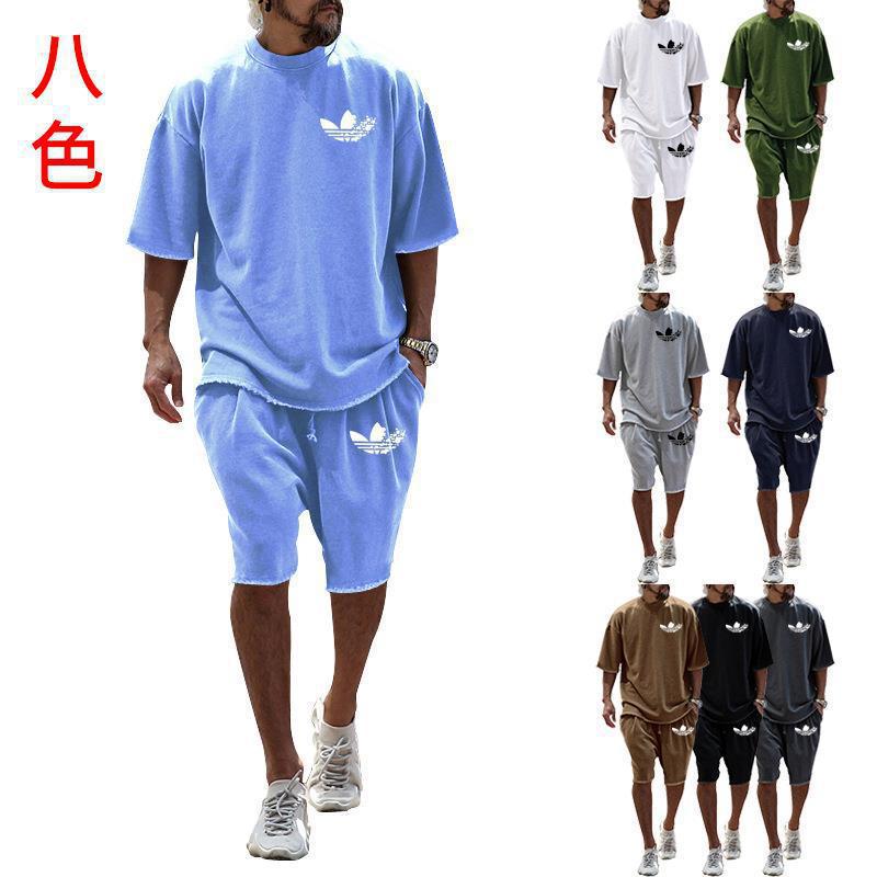 Amazon European and American Short-sleeved T-shirt Men's Suit Round Neck Loose Breathable Short-sleeved Shorts Sportswear Men's Suit Summer