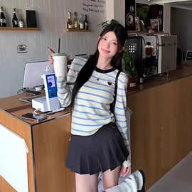 韩系撞色条纹针织衫女秋季2024新款高级感内搭打底衫甜辣修身上衣