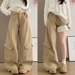 美式加绒工装裤女冬季新款高腰加绒加厚休闲裤垂感宽松弯刀阔腿裤
