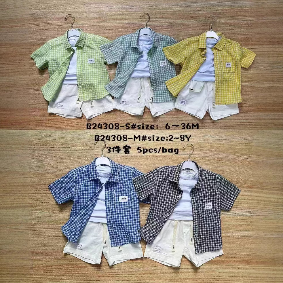 Children's Shirt Suit Short-Sleeved Summer Boys Pure Color Shorts Men's Pure Cotton Baby 2-8Y Shirt Three-Piece Thin Set