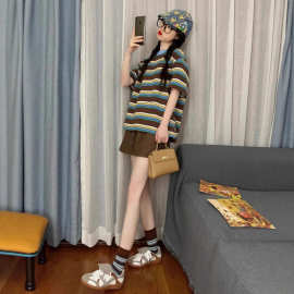 337#夏季新款休闲运动服套装女条纹时尚学生宽松短袖短裤两件套