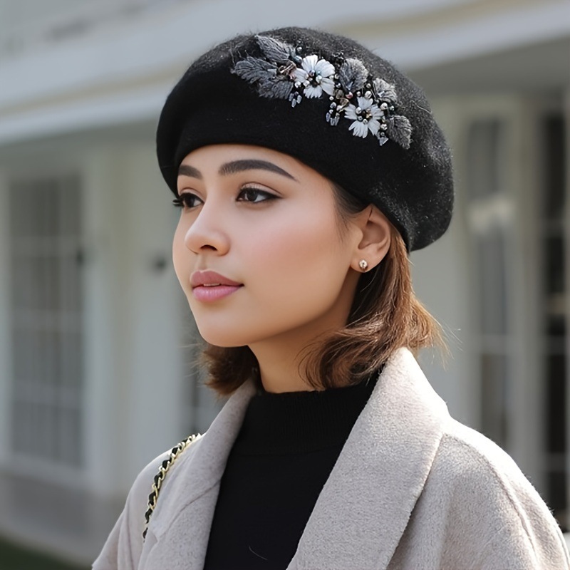 Flor Embroidery Beret Elegant Beret Hat Flower Boina bordada