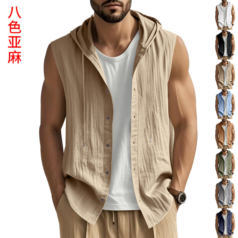 2025 Cross-Border Temu European and American Summer Men's Casual Sleeveless Waistcoat Shirt Linen Hooded Pure Color Breathable Loose