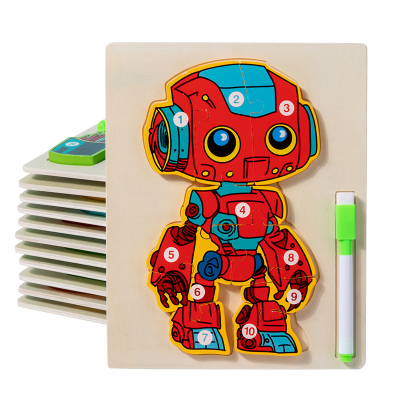 Juguetes de educación temprana de madera, rompecabezas de robots, tablero de dibujo, juguetes para niños, juguetes de rompecabezas de robots tridimensionales dos en uno