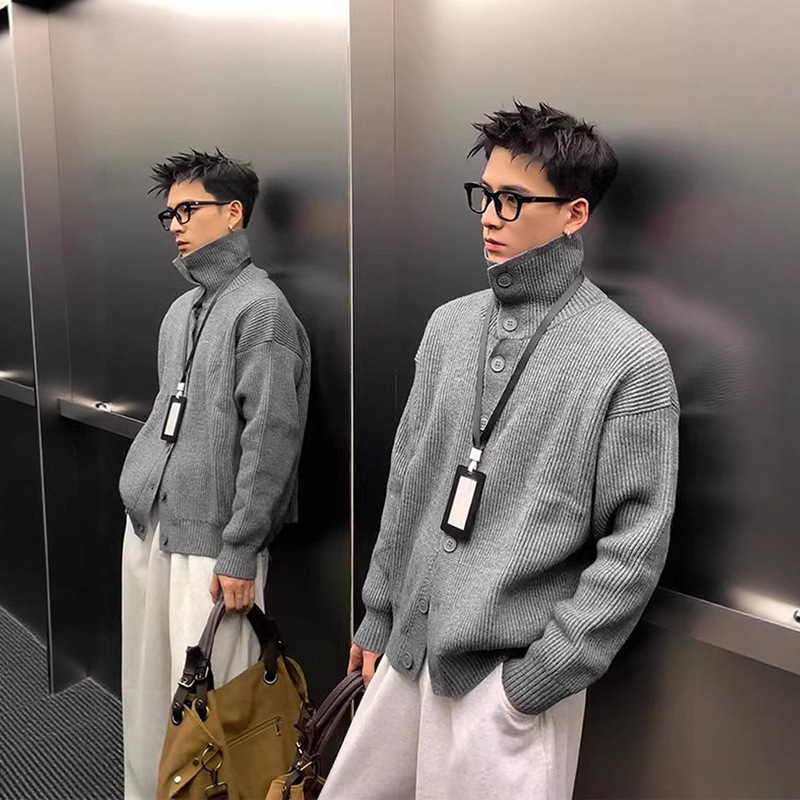 Gray Navy Collar Knitwear Men's Winter Buttoned Turtleneck Cardigan Jacket Korean Style Casual Inner Knitwear Trendy
