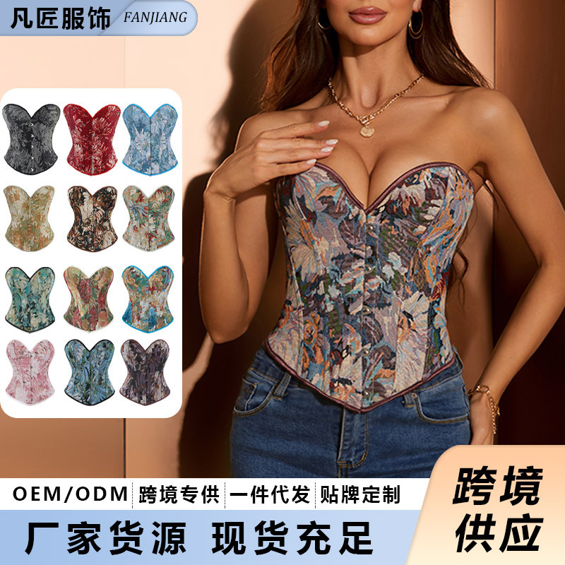 Cross-border Explosions Corset Top Monet Oil Painting Vintage Fishbone Brassiere Tight Gather Court Shaping Top Cross-border Explosions Corset Top Monet Oil Painting Vintage Fishbone Brassiere Tight Gather Court Shaping Top