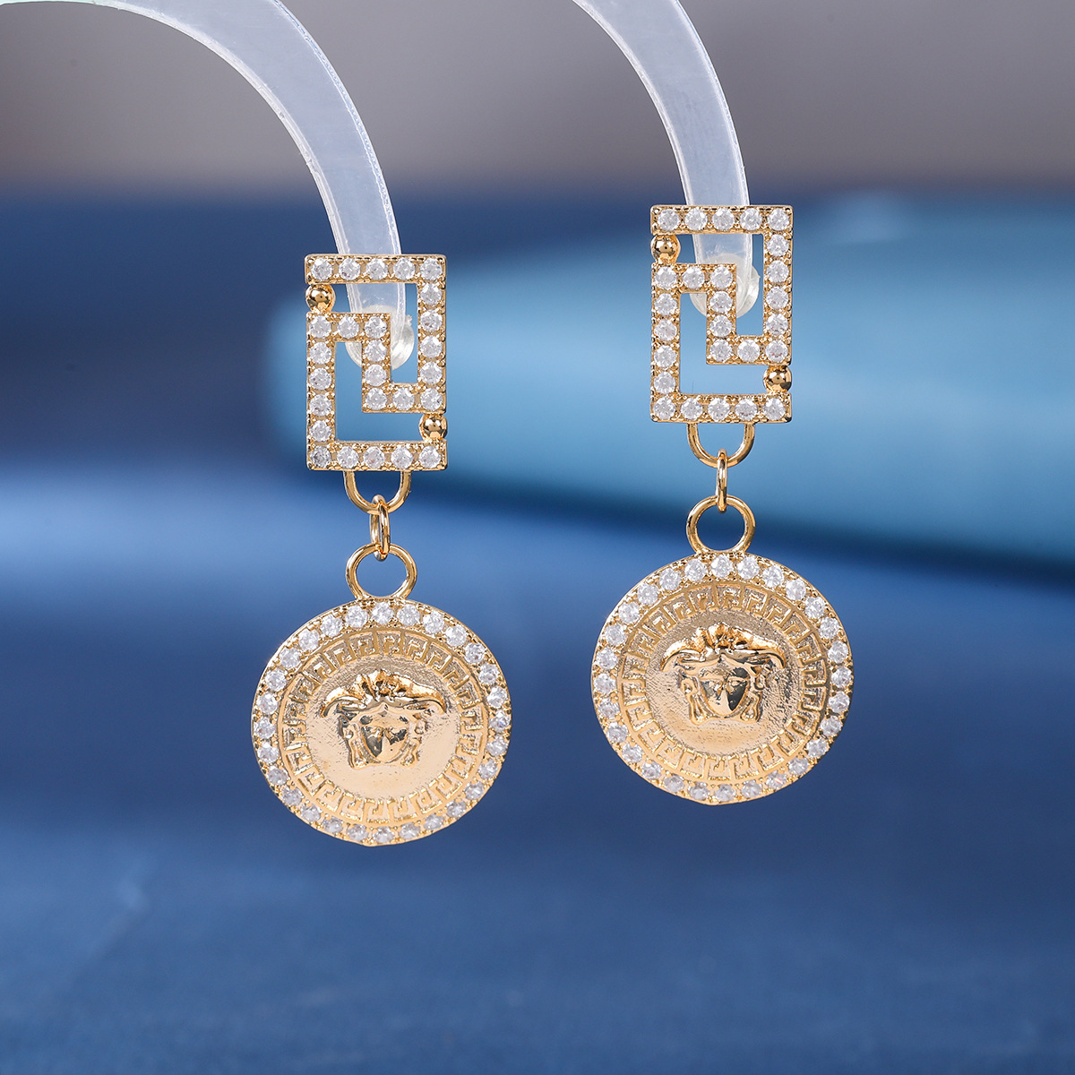 Copper geometric retro earrings with zircon