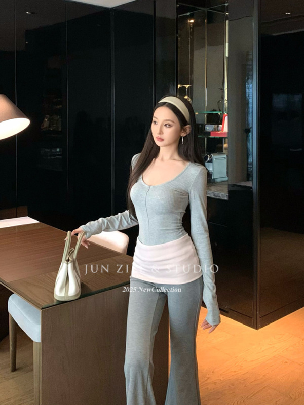 小个子绝美小套装韩女曲线V领修身打底衫长袖上衣撞色微喇叭长裤|undefined