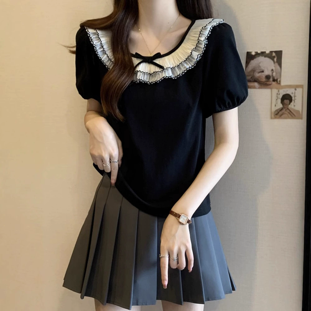 Французская кружевная футболка с короткими рукавами и воротником-кукольным воротником для женщин, летняя футболка больших размеров с объемными рукавами, короткий топ с объемными рукавами, закрывающий живот и утягивающий силуэт