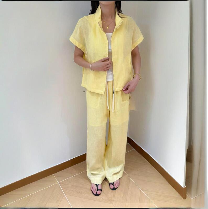 2026 Summer New Style Cross-Border European and American Sports Cardigan Casual Simple Top Short Sleeve Wide-Leg Pants Two-Piece Set