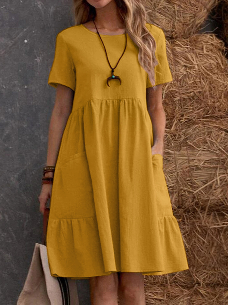 2026 Summer European And American Retro Loose Pocket Solid Color Round Neck Women's Dress_ecoleips.com